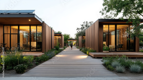 Wallpaper Mural Modern eco village with wooden houses, solar roofs, and lush greenery creates serene atmosphere Torontodigital.ca