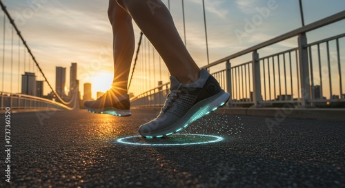 Runner wearing futuristic self-lacing sneakers with glowing laces while training on a city bridge at sunrise. A concept for advanced sportswear, fitness technology, and New Year's goals.