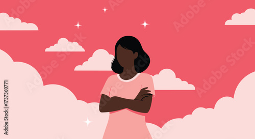 A portrait of a woman with dark skin and dark hair stands with her arms crossed against a pink sky.