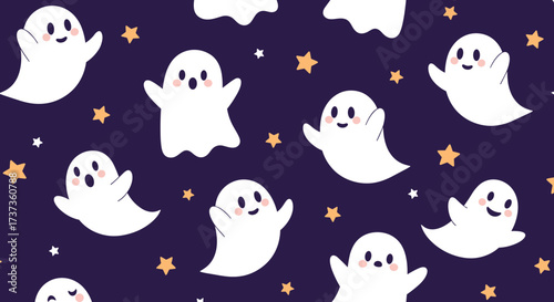 Cute little ghosts and twinkling stars fill the dark night sky.