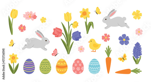 A delightful collection of charming easter elements including cute bunnies and colorful eggs.