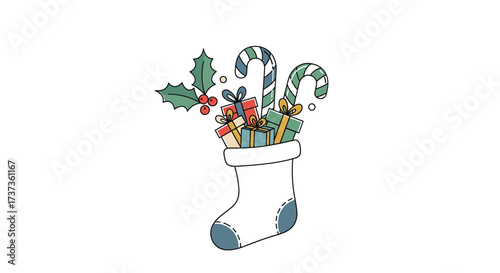 A festive Christmas stocking overflowing with holiday treats and decorations.