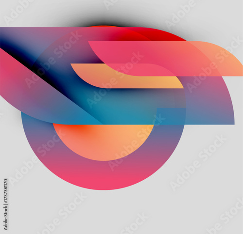 Abstract colorful shapes overlap, creating dynamic composition. Gradients blend red, orange, blue hues. Modern design element.