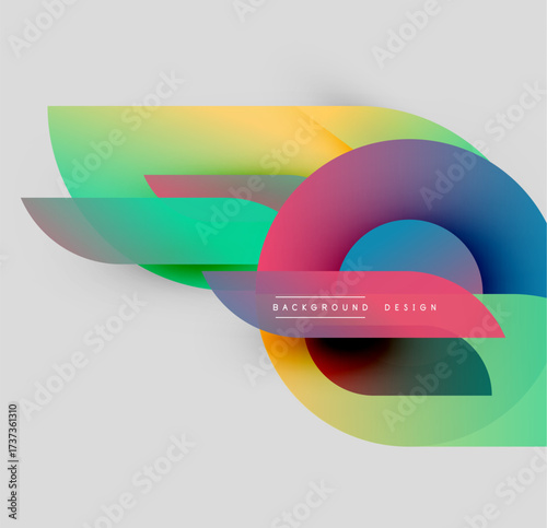 Abstract colorful shapes overlap, creating dynamic visual effect. Gradient hues blend smoothly, modern design element.