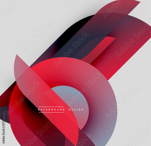 Abstract design features overlapping translucent shapes. Red, black, blue gradients create dynamic composition. Modern aesthetic.