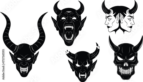 Demonic horned skulls and devil faces vector illustration with gothic monster heads, spooky horror demons, Halloween fantasy dark tattoo design.