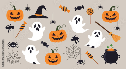 A charming collection of spooky and sweet halloween icons perfect for seasonal decor and festive designs.
