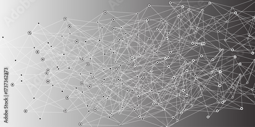 A digital network mesh of glowing connection nodes and fine intersecting lines on a smooth gradient gray background, symbolizing data flow, communication, and modern technology.