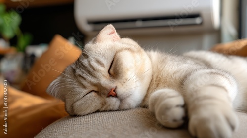 Fluffy Scottish Fold Cat Lying Comfortably on Couch with Relaxed Expression and Fat Body in Cozy Living Room Setting