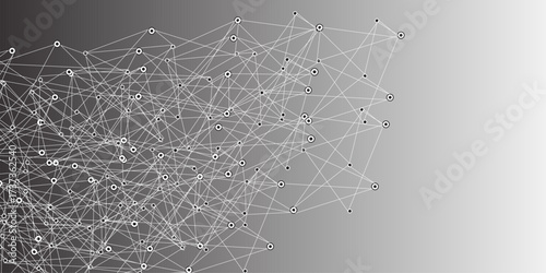 A digital network mesh of glowing connection nodes and fine intersecting lines on a smooth gradient gray background, symbolizing data flow, communication, and modern technology.
