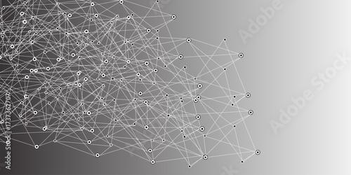 A digital network mesh of glowing connection nodes and fine intersecting lines on a smooth gradient gray background, symbolizing data flow, communication, and modern technology.