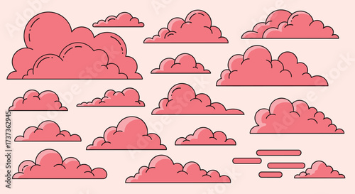 A collection of stylized pink clouds on a light pink background featuring various shapes and sizes.