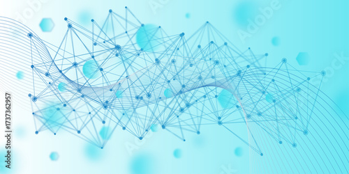 A web of blue geometric connections and nodes blends with smooth wave lines, illustrating the harmony of digital communication, blockchain technology, 
