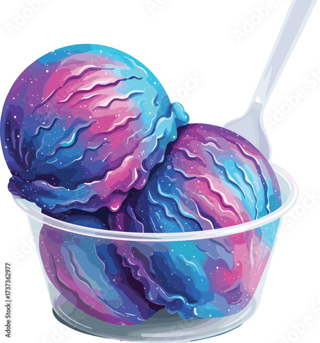 Vibrant surreal ice cream illustration, colorful dessert artwork, fantasy frozen treat in plastic cup, blue purple pink swirls, digital food art, creative sweet design