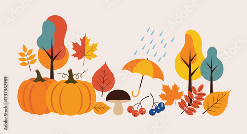 A charming collection of autumn elements including pumpkins leaves and an umbrella.