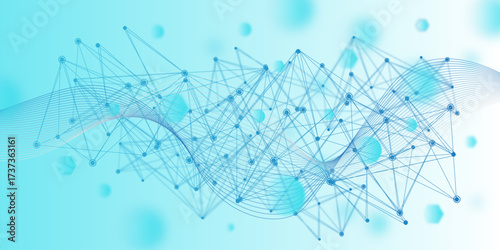 A web of blue geometric connections and nodes blends with smooth wave lines, illustrating the harmony of digital communication, blockchain technology, 
