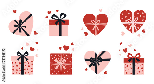 A collection of Valentine's Day gifts with hearts and ribbons.