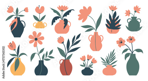 A collection of minimalist potted plants and flowers in vases.
