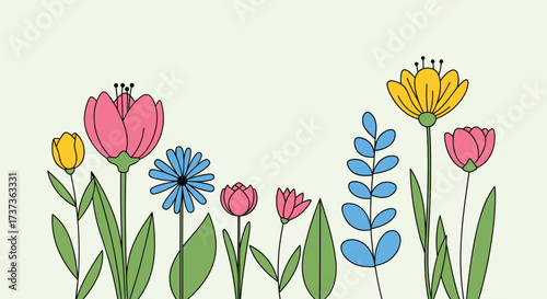 A whimsical illustration of diverse blooming flowers and leafy plants in a meadow.