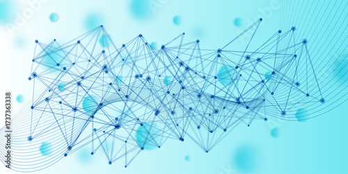 A dynamic digital network pattern with glowing blue dots and connecting lines forming a lattice over flowing curves, symbolizing big data, machine learning, and global connectivity in a modern tech-