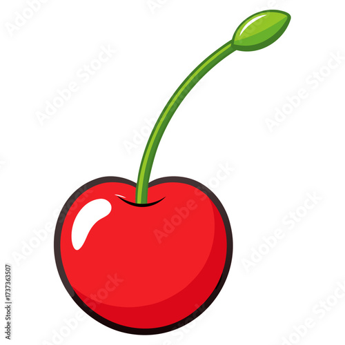 Vibrant red cherry illustration with glossy shine and green stem, ideal for playful designs and summertime themes, evoking sweetness and cheerfulness