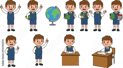 Cartoon schoolboy character illustration, student with books, globe, desk, learning activities, education poses, studying, reading, writing, pointing, classroom design, children clipart, vector art