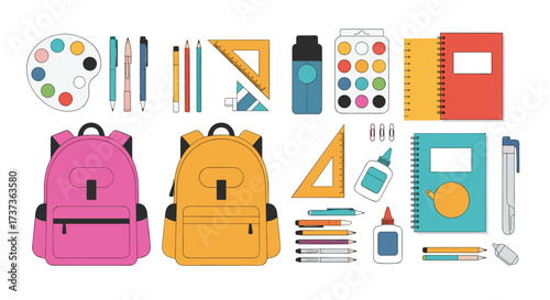 A diverse collection of essential school supplies for students and artists.