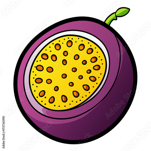 Vibrant passion fruit illustration with juicy seeds, perfect for healthy eating designs, exotic fruit menus, and tropical food themes, originally vector art