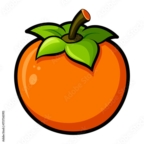 Vibrant persimmon illustration with bold outlines and lush green leaves, perfect for healthy eating campaigns and eye-catching designs, a delectable fruit icon