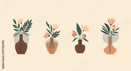 A collection of four abstract ceramic vases with delicate floral arrangements in earthy tones.
