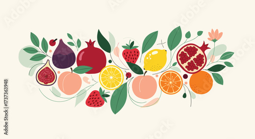 A vibrant arrangement of fresh fruits and leafy greens forming a colorful garland.