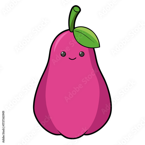 Adorable pink pear character with a sweet smile and leaf, perfect for children's books, playful designs, and healthy eating campaigns with a fun twist
