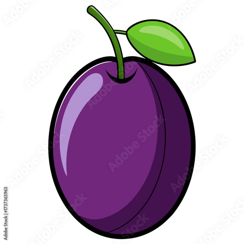 Juicy plum illustration with vibrant purple hues and crisp green leaf, perfect for healthy eating campaigns and fresh fruit market designs, originally vector