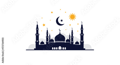 A beautiful mosque silhouetted against a starry night sky with a crescent moon and sun symbolizing Islamic culture and religious observance.