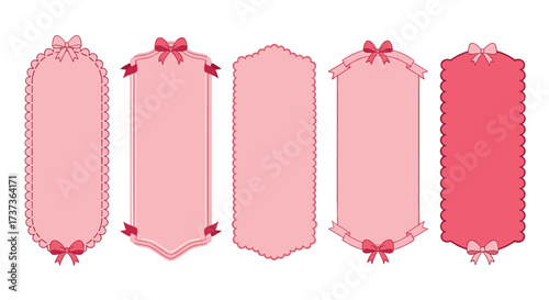 A charming collection of decorative pink banners and frames adorned with bows and intricate scalloped edges perfect for elegant designs.