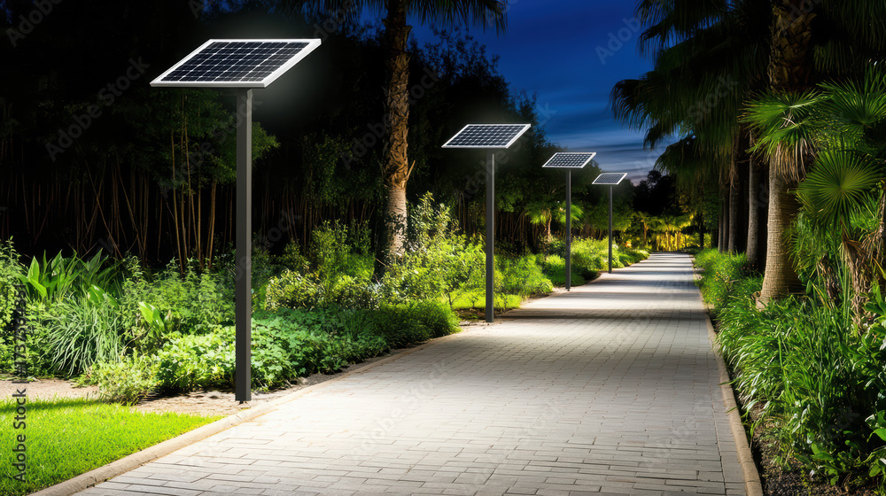 Fototapeta premium Solar powered street lights illuminate serene pathway surrounded by lush greenery at night