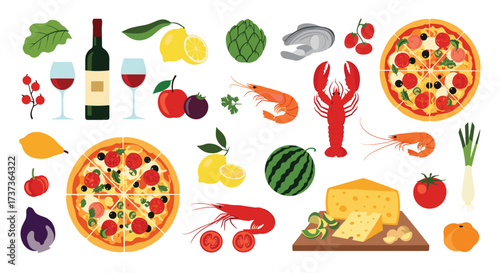 A vibrant pixel art collection showcasing delicious food and drinks including fruits vegetables cheese wine and seafood.