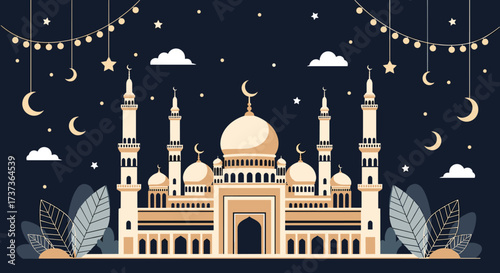 An elegant mosque under a starry night sky illuminated by festive lanterns and crescent moons.