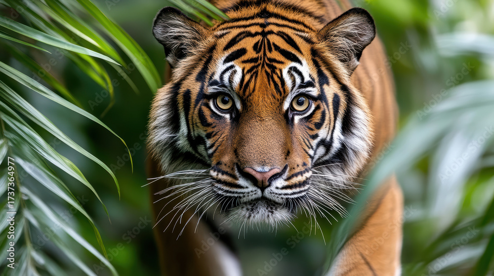 Fototapeta premium Majestic tiger walking through lush jungle with intense gaze, showcasing its powerful presence
