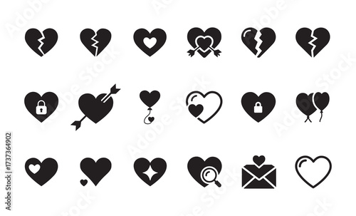 Collection of Heart Icons Love, Romance, Broken Hearts, and Valentine's Day Symbols