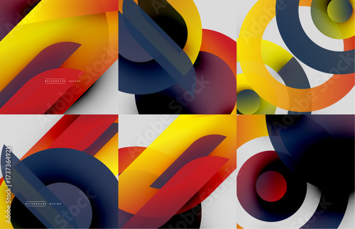 Abstract geometric designs. Overlapping shapes create vibrant color gradients. Modern backgrounds suitable for digital projects.