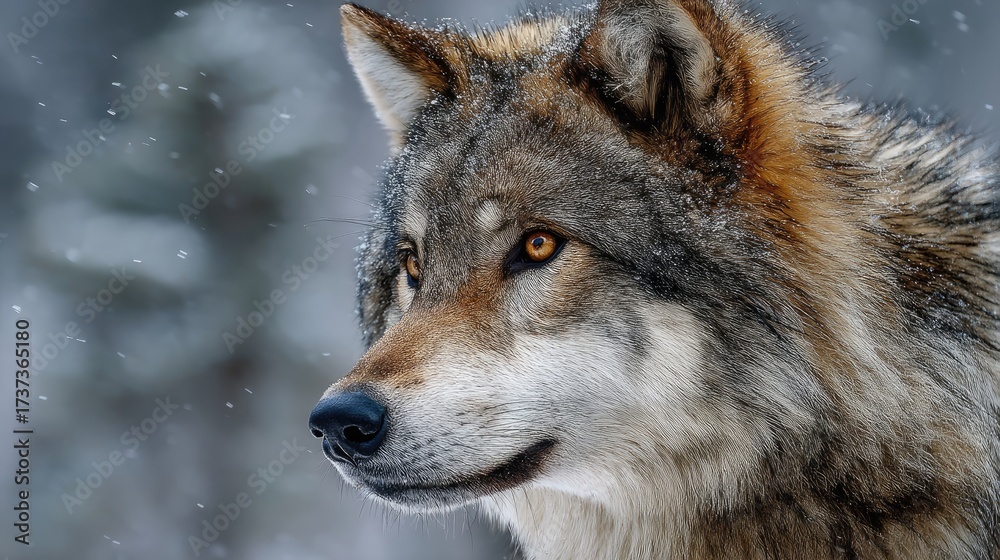 Fototapeta premium Medium close-up of a Grey Wolf in the forest. The wolf has dense grey-brown fur and a sharp-set face. Amber eyes stare straight ahead. The background is a forest filled with pine trees and dark green 