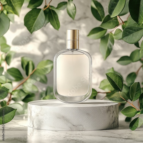 Perfume bottle atop marble stand, surrounded by foliage