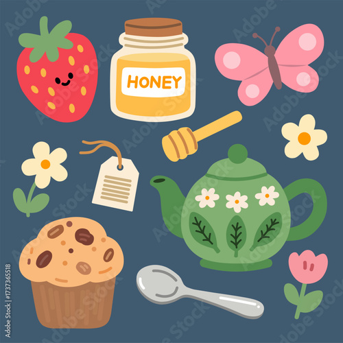 Tea Time Illustration Set in Cute Flat Style for Food and Cafe Design
