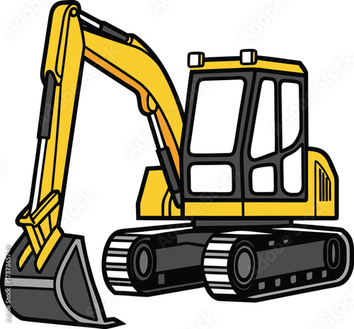 Yellow excavator construction machine with bucket and tracks for heavy duty earthmoving operations