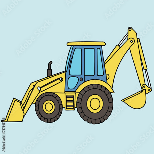 Cartoon backhoe loader excavator construction vehicle heavy equipment machinery fun bright yellow