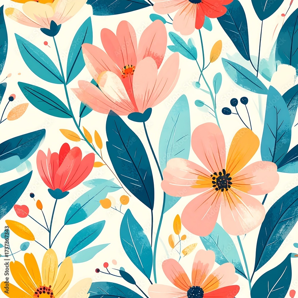 Fototapeta premium Vibrant Illustrated Flowers and Leaves Pattern