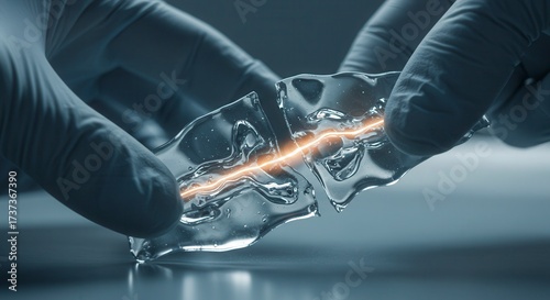 A scientist observing a transparent self-healing material re-fusing in a futuristic lab. Represents a breakthrough in materials science, engineering, and sustainable technology.
