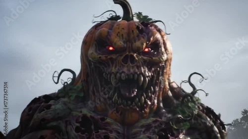 Menacing PumpkinHeaded Zombie Monster with Glowing Eyes Rises in a Spooky Foggy Landscape.