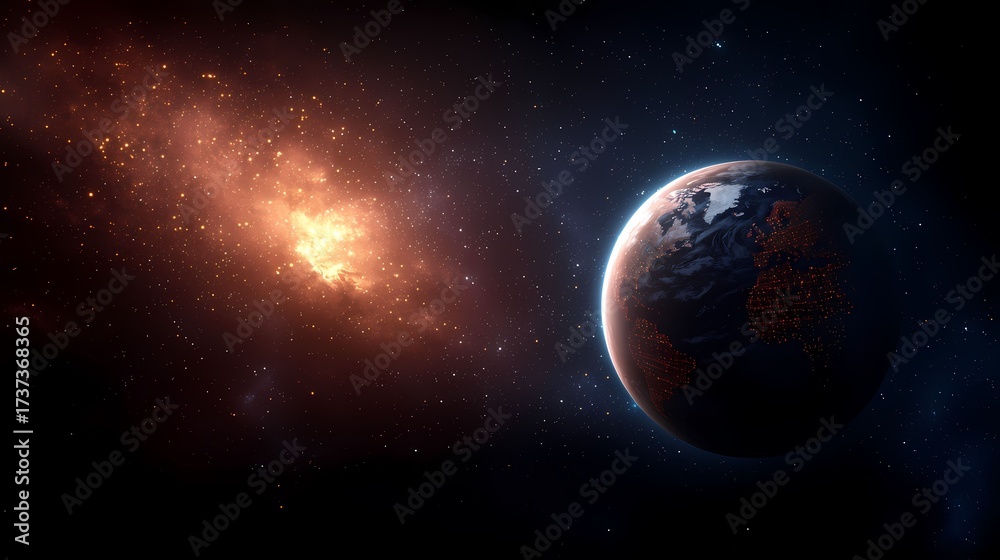 Fototapeta premium The image depicts a view of planet Earth with city lights glowing, set against a backdrop of a fiery nebula and scattered stars, creating a stunning cosmic vista.